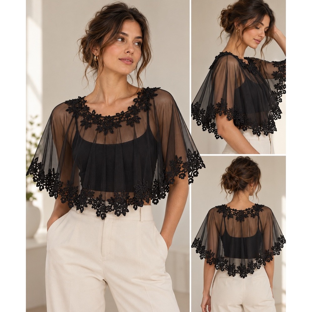 Dark Academia Sheer Mesh Capelet Black Floral Lace Embroidered Romantic Goth OS